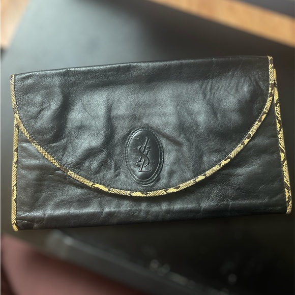 Vintage Yves Saint Laurent Black Leather Fold-Over Clutch with Snake Trim - Picture 3 of 10